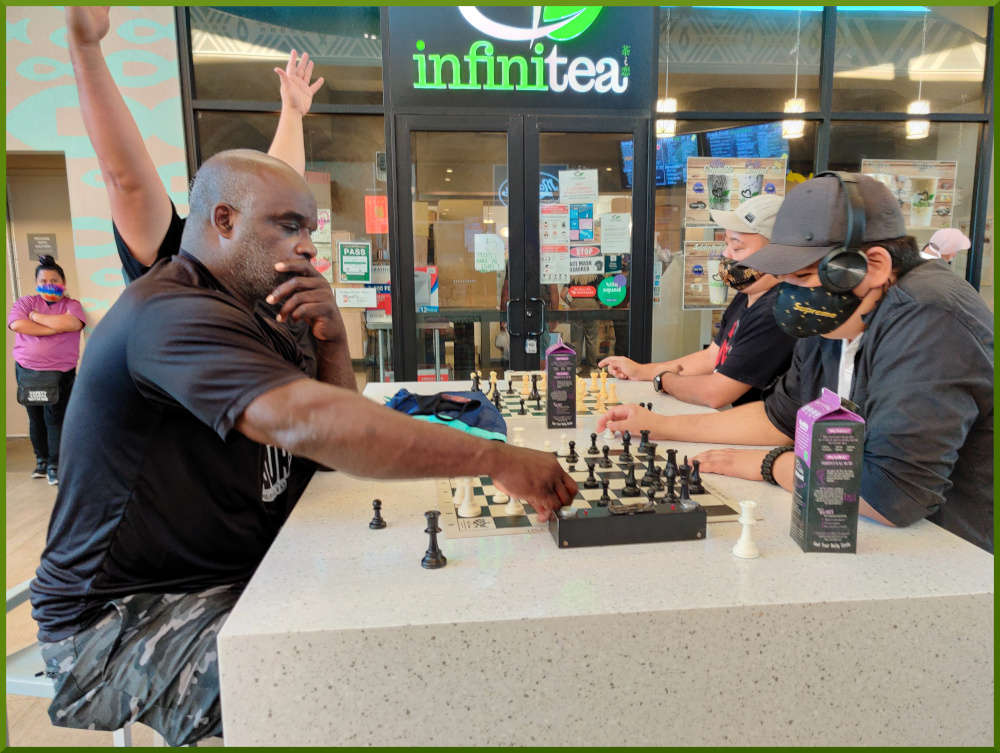 March 30th, 2021. Nick challenges Ramon to a game of chess. Jeremy's opponent celebrates.