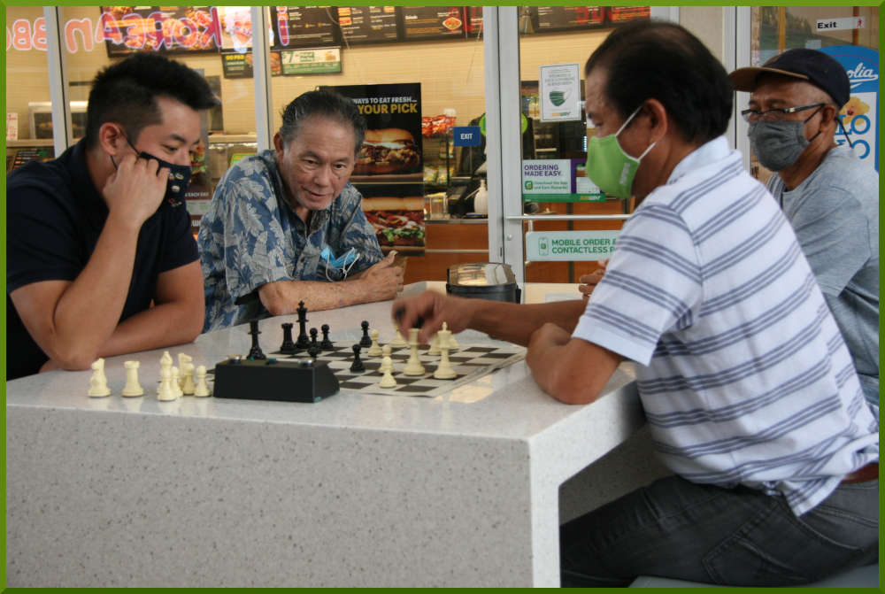 April 20th, 2021. Shaun challenges Eddie to a game of chess, while Bob and another watches.