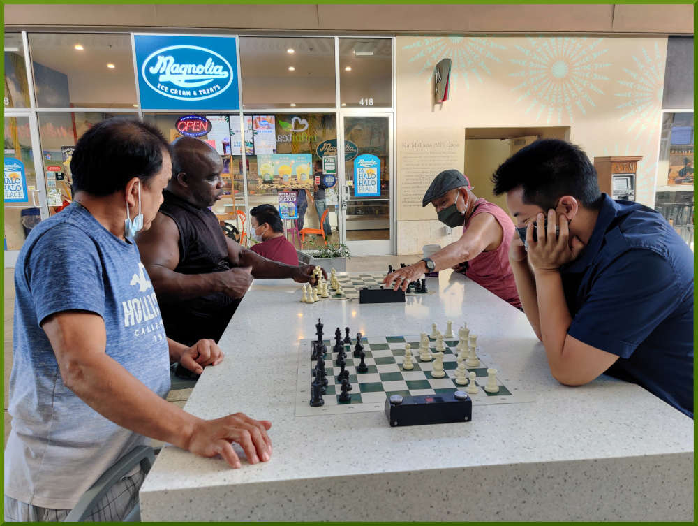 June 1st, 2021. Eddie, Shaun, Ramon, and Aro playing chess at Ka Makana Alii.