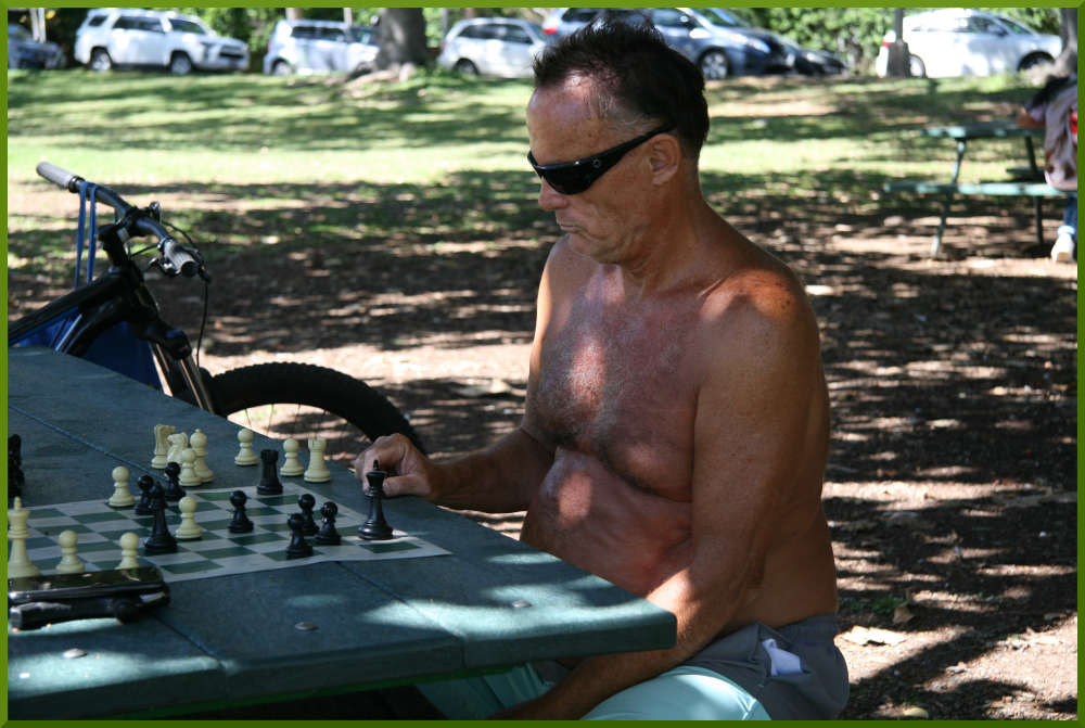 April 17th, 2021. Marshal playing chess at Kapiolani Park.