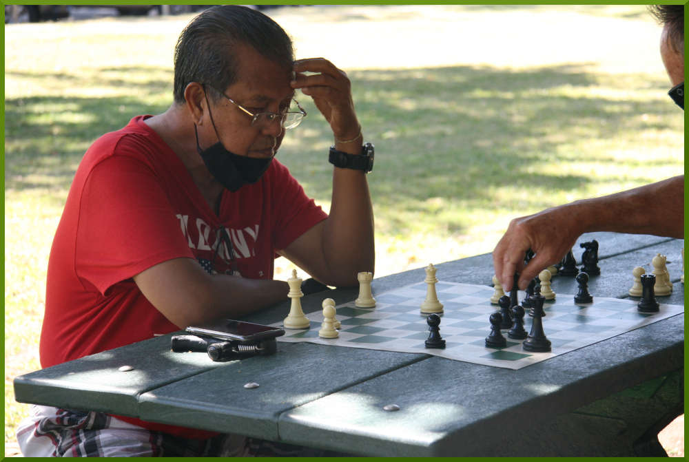 April 17th, 2021. Silver playing chess at Kapiolani Park.